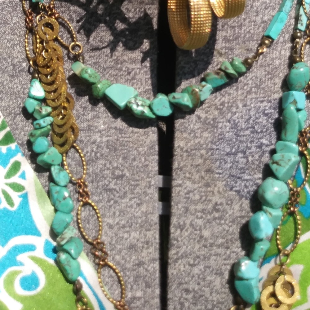 Saro Turquoise and brass necklace  74" NWOT